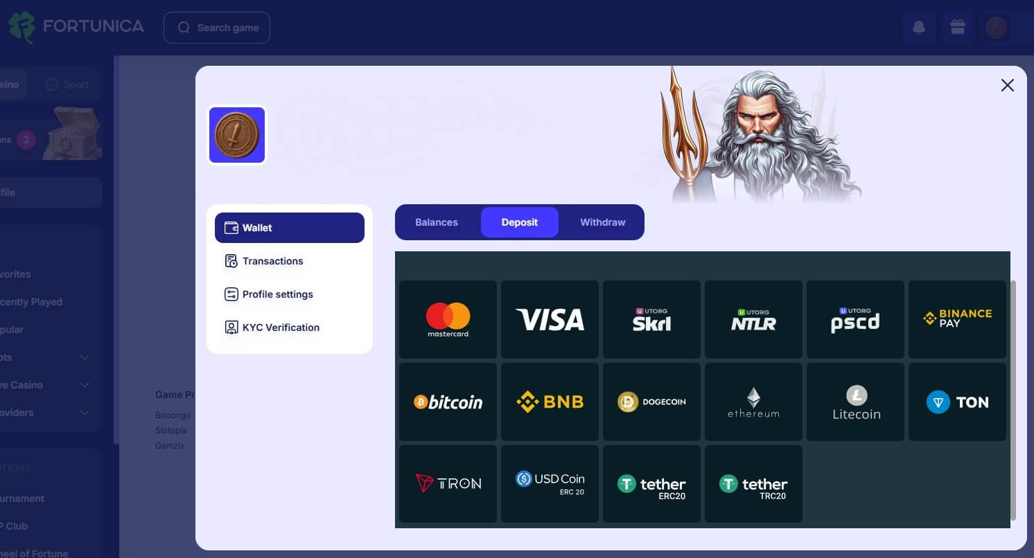 Fortunica casino offers 11 crypto payment options Bitcoin, Dogecoin, Ethereum, Litecoin, Tether etc.